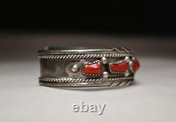 Vintage Native American Navajo Sterling Silver Coral Cuff Bracelet