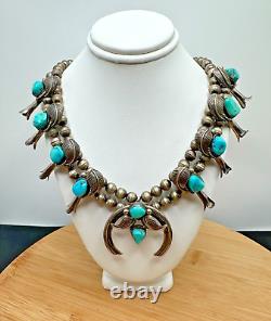 Vintage Native American Navajo Sterling Silver Squash Blossom Turquoise Necklace