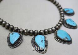 Vintage Native American Navajo Sterling Silver Turquoise Bench Beads Necklace