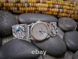 Vintage Native American Navajo Sterling Silver Turquoise Petroglyph Men's Watch