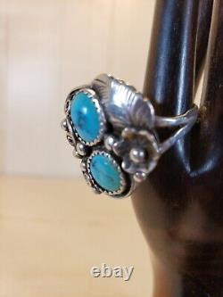 Vintage Native American Navajo Sterling Silver Turquoise Ring Signed F Size 8.5