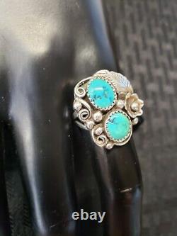 Vintage Native American Navajo Sterling Silver Turquoise Ring Signed F Size 8.5