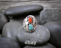 Vintage Native American Navajo Sterling Turquoise Coral Ring Size 10.5