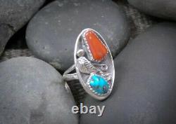 Vintage Native American Navajo Sterling Turquoise Coral Women's Ring Size 6.75