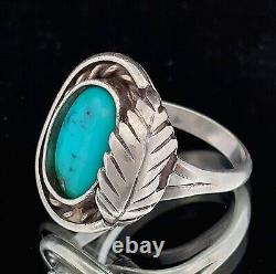 Vintage Native American, Navajo Style Turquoise & Leaf Sterling Ring Size 4.5