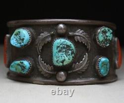 Vintage Native American Navajo Turquoise Coral Sterling Bracelet Large Size