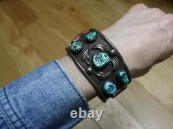 Vintage Native American Navajo Turquoise Coral Sterling Bracelet Large Size