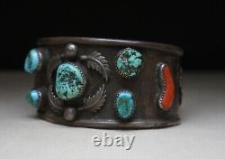 Vintage Native American Navajo Turquoise Coral Sterling Bracelet Large Size