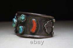 Vintage Native American Navajo Turquoise Coral Sterling Bracelet Large Size