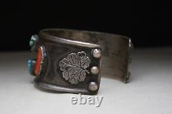 Vintage Native American Navajo Turquoise Coral Sterling Bracelet Large Size