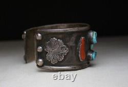 Vintage Native American Navajo Turquoise Coral Sterling Bracelet Large Size