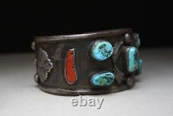 Vintage Native American Navajo Turquoise Coral Sterling Bracelet Large Size