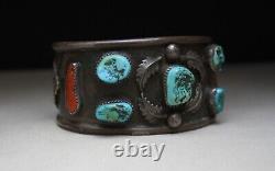 Vintage Native American Navajo Turquoise Coral Sterling Bracelet Large Size