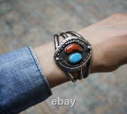 Vintage Native American Navajo Turquoise Coral Sterling Silver Cuff Bracelet