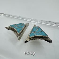 Vintage Native American Navajo Turquoise Inlay Silver Tone Collar Protectors
