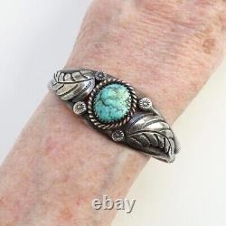 Vintage Native American Navajo Turquoise Nugget Sterling Bracelet Feathers 6 1/4