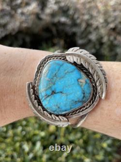 Vintage Native American Navajo Turquoise Sterling Silver Cuff Bracelet SR Sign