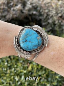 Vintage Native American Navajo Turquoise Sterling Silver Cuff Bracelet SR Sign
