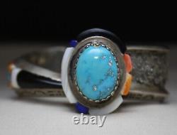 Vintage Native American Navajo Turquoise Sterling Silver Tufa Cast Cuff Bracelet