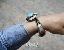 Vintage Native American Navajo Turquoise Sterling Silver Tufa Cast Cuff Bracelet