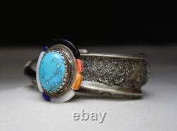 Vintage Native American Navajo Turquoise Sterling Silver Tufa Cast Cuff Bracelet