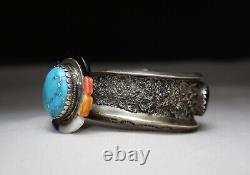 Vintage Native American Navajo Turquoise Sterling Silver Tufa Cast Cuff Bracelet