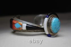 Vintage Native American Navajo Turquoise Sterling Silver Tufa Cast Cuff Bracelet