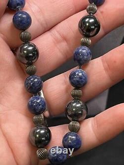 Vintage Native American Sterling Silver, Hematite, & Lapis Lazuli 30 Necklace