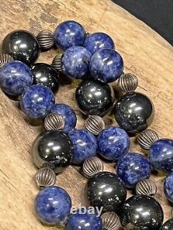 Vintage Native American Sterling Silver, Hematite, & Lapis Lazuli 30 Necklace