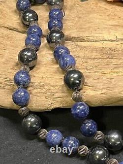 Vintage Native American Sterling Silver, Hematite, & Lapis Lazuli 30 Necklace