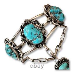 Vintage Native American Sterling Silver Turquoise Bracelet Hand Chain 5 3/4 Ring