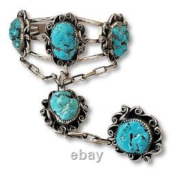 Vintage Native American Sterling Silver Turquoise Bracelet Hand Chain 5 3/4 Ring