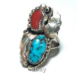 Vintage Native American Sterling Silver Turquoise Coral Ring Stan Slim SS Navajo