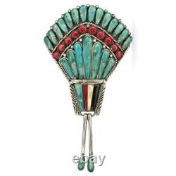 Vintage Native American Turquoise Coral Sterling Silver Brooch Signed Y