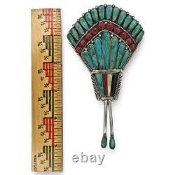 Vintage Native American Turquoise Coral Sterling Silver Brooch Signed Y