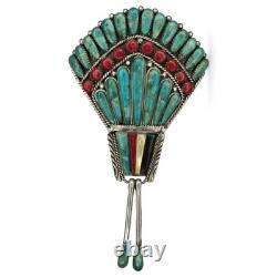 Vintage Native American Turquoise Coral Sterling Silver Brooch Signed Y