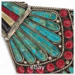 Vintage Native American Turquoise Coral Sterling Silver Brooch Signed Y