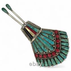 Vintage Native American Turquoise Coral Sterling Silver Brooch Signed Y