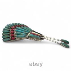 Vintage Native American Turquoise Coral Sterling Silver Brooch Signed Y