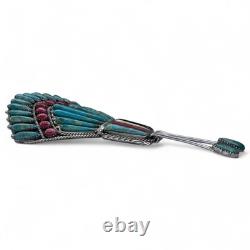 Vintage Native American Turquoise Coral Sterling Silver Brooch Signed Y