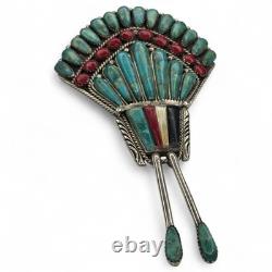 Vintage Native American Turquoise Coral Sterling Silver Brooch Signed Y