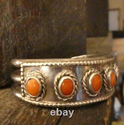 Vintage Native Navajo Sterling Silver Coral Cuff bracelet