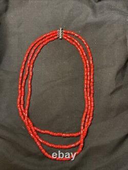 Vintage Navajo 3 Strand Coral Sterling Silver Necklace Rear Clasp