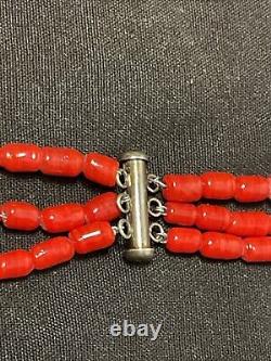 Vintage Navajo 3 Strand Coral Sterling Silver Necklace Rear Clasp
