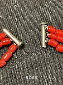 Vintage Navajo 3 Strand Coral Sterling Silver Necklace Rear Clasp