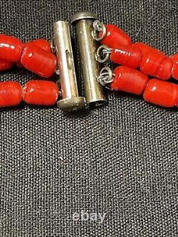 Vintage Navajo 3 Strand Coral Sterling Silver Necklace Rear Clasp