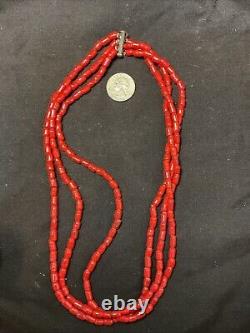 Vintage Navajo 3 Strand Coral Sterling Silver Necklace Rear Clasp