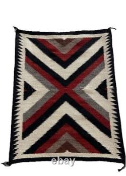 Vintage Navajo Bold Geometric Design Rug 34.5 In X 26.5 withWood Hangers On Back
