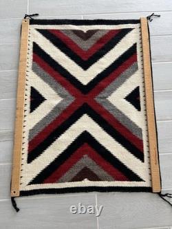 Vintage Navajo Bold Geometric Design Rug 34.5 In X 26.5 withWood Hangers On Back