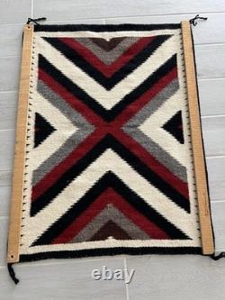 Vintage Navajo Bold Geometric Design Rug 34.5 In X 26.5 withWood Hangers On Back